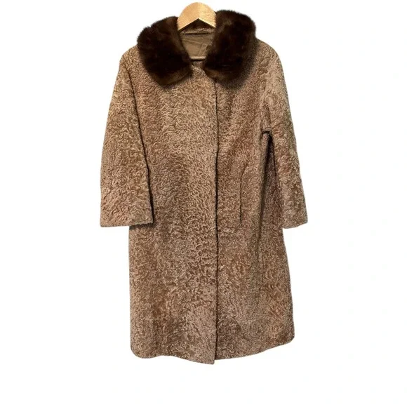 Vintage Karl Frankfurt Curly Lamb Fur Coat Mink Collar Women's Warm Outerwear - Picture 1 of 11